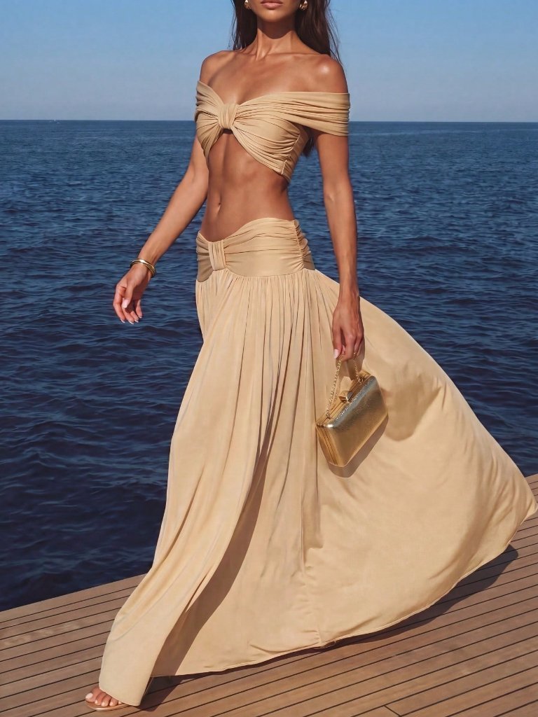 Apricot Boho Women's Off Shoulder Twist Cropped Top & Wide-Leg Pants 2-Piece Set